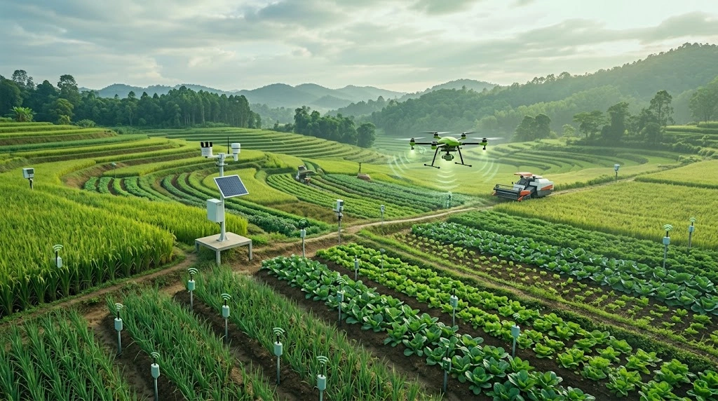 Perangkat sensor IoT pertanian terpasang di lahan pertanian modern